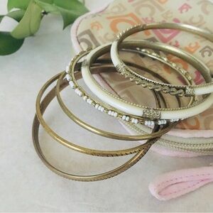 Vintage 70s Bangles White Brass Art Deco Styles | Set of 6